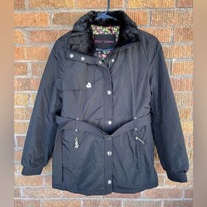Betsey Johnson Black Belted Winter Parka Faux Fur Collar Rose Details Sz M